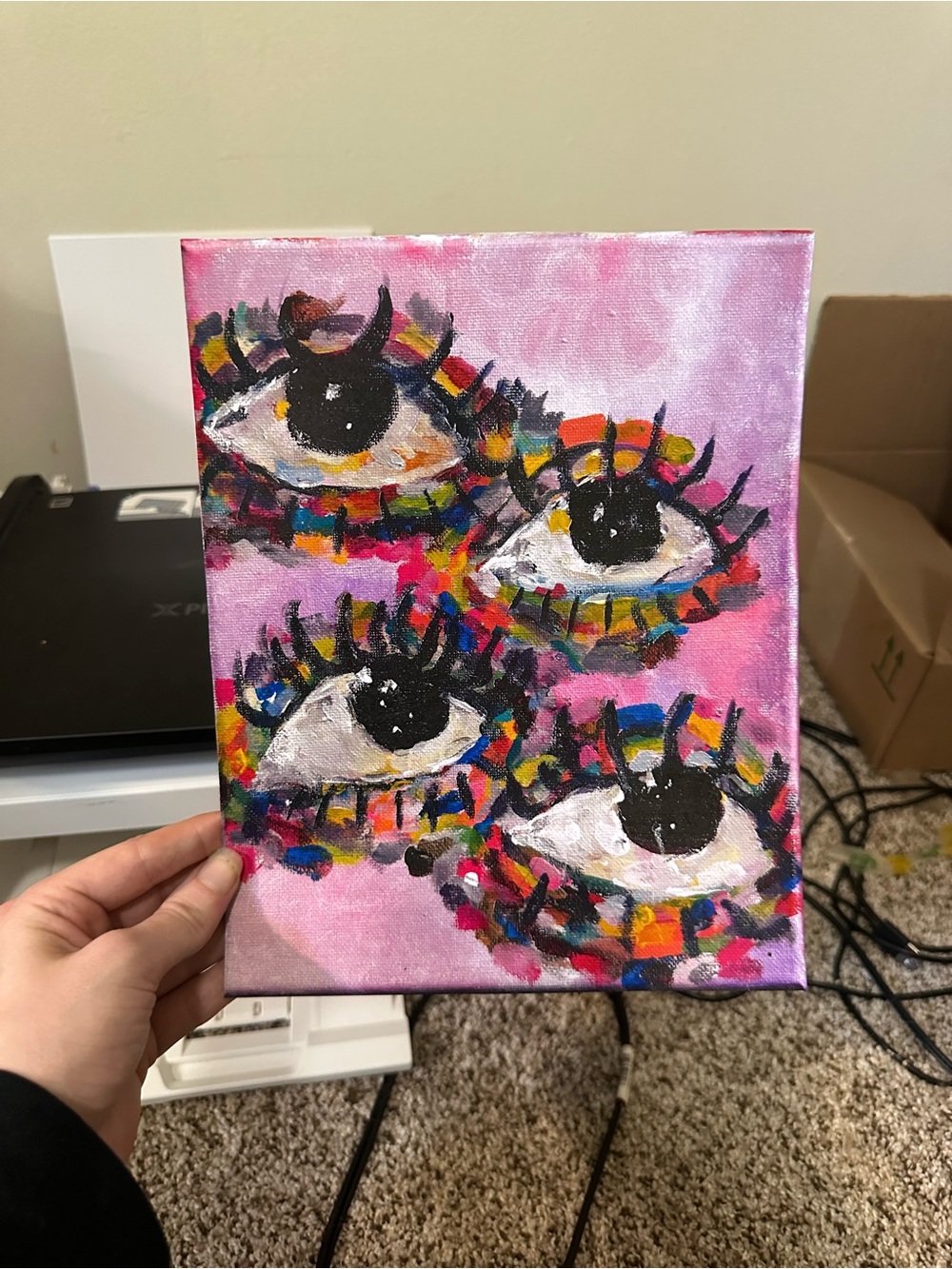 Abstract Multicolor Eyes print Canvas Art - Pink Background